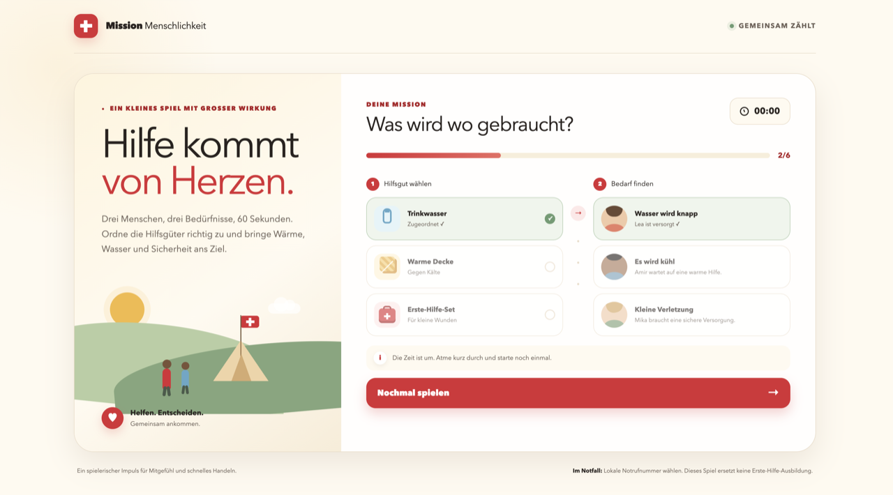 screenshot des von chatgpt work gebauten rote-kreuz-spiels; logo oben links und die fahne am zelt zeigen ein weißes kreuz auf rotem grund - die schweizer fahne statt des roten kreuzes