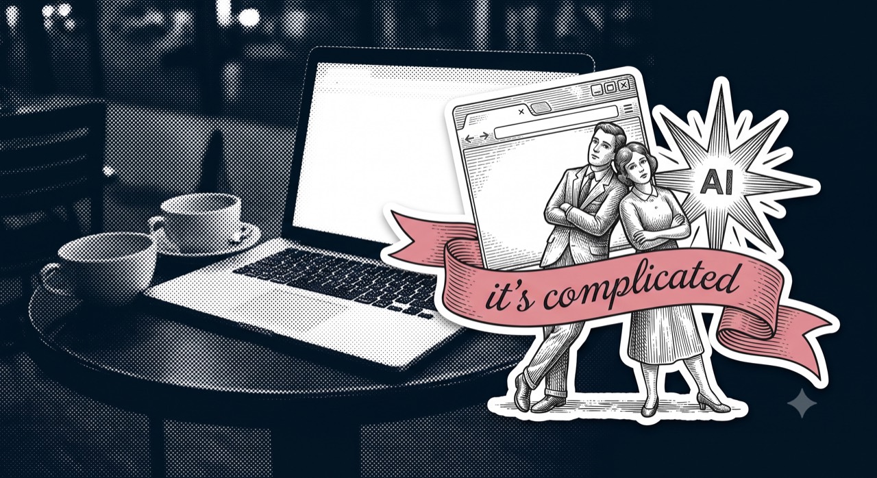 laptop in einem café, daneben ein browser-fenster und ein band mit der aufschrift „it's complicated