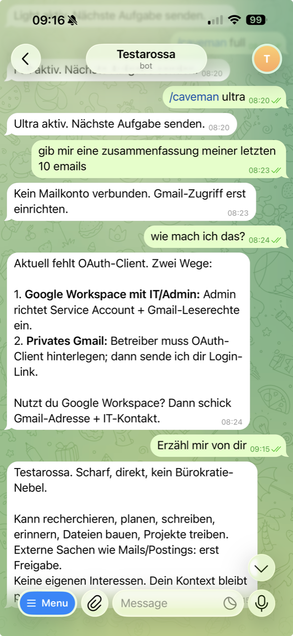 telegram-chat mit dem agent testarossa: nach dem befehl /caveman ultra antwortet er nur noch in knappen stichworten